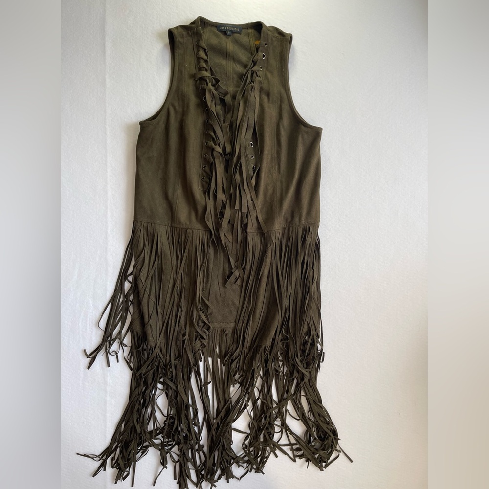 HOT & DELICIOUS boho, hippie green faux‎ suede long Fringe Vest S
